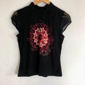 ⬇️$25I.N.C. 90s mandarin style mesh blouse black L